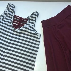 grey striped and maroon skater shirt set